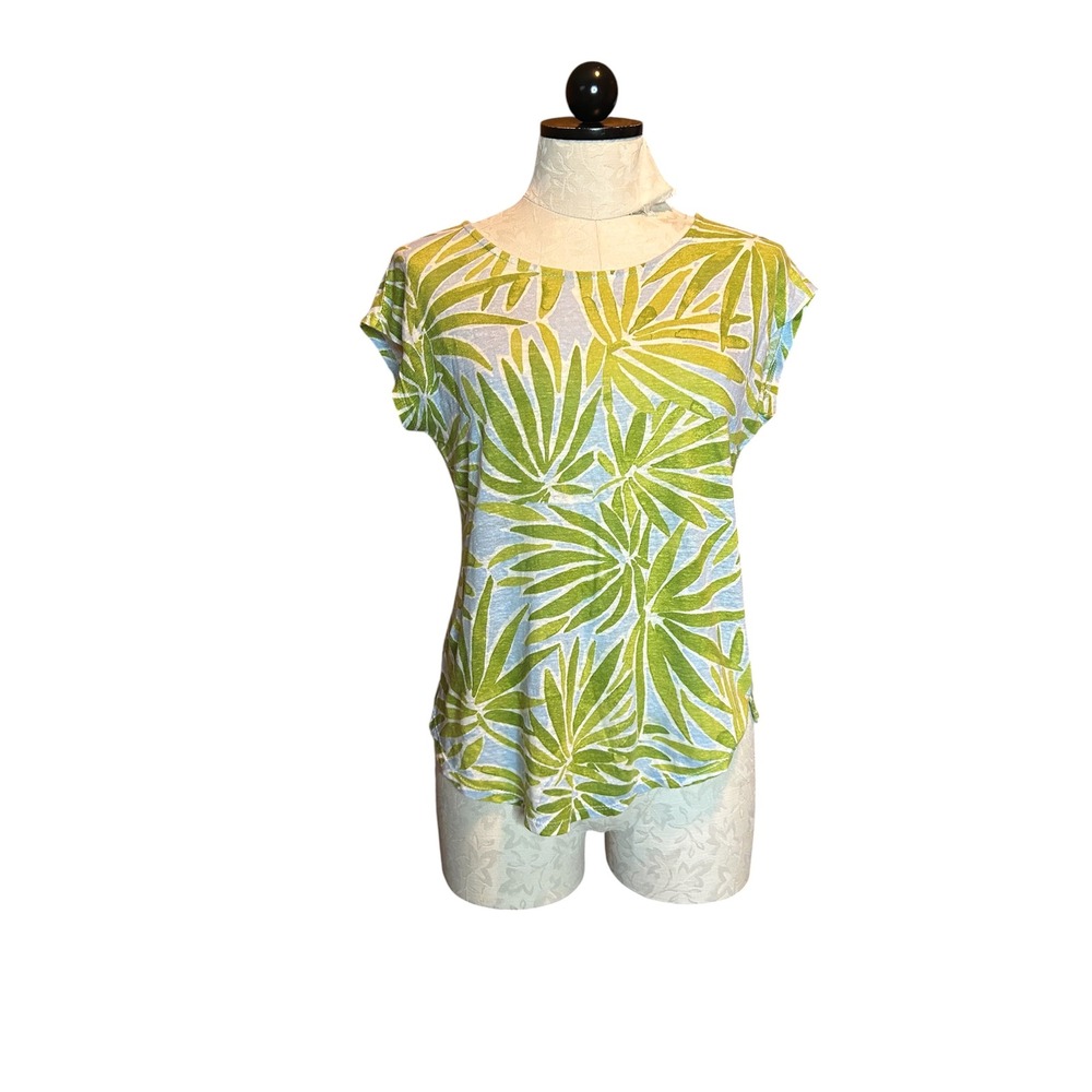Sigrid Olsen Women Green Blue Tropical Palm Leaf 100% Linen Cap Sleeve Top Sz S